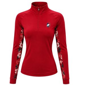 Haut de sport athlétique pour femme, rouge, à quart de zip, avec manches longues et motif floral sur les côtés, idéal pour la course et l'entraînement - Product Image 1
