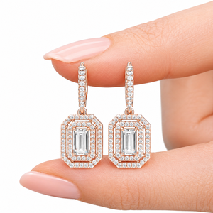 Rose Gold Plated Moissanite Drop <b>Earrings</b> Emerald Cut Geometric Halo Luxury Wedding Jewelry Women's - Product Image 5