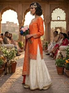 Ensemble prêt-à-porter en soie chinon brodée par des artisans, avec pantalon palazzo et dupatta, entièrement cousu. - Product Image 3