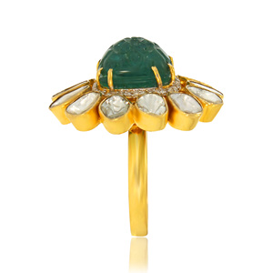 Craftsy Floral Diamond <b>Ring</b> Luxury 18K Yellow Gold Carved <b>Green</b> Emerald Floral Statement <b>Ring</b> with Polki Diamond Halo for Women - Product Image 3