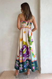Vibrant Artistic Print Sleeveless Maxi Dress Breathable Linen-Blend Fabric Square Neckline Sleeveless Bohemian-Inspired <b>Sundress</b> - Product Image 3