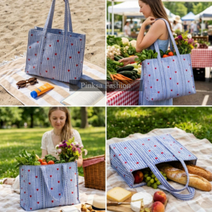 Sac fourre-tout en coton matelassé à rayures bleues et cœurs rouges PinksaFashion avec poche intérieure, vente en gros, fabricant de Jaipur - Product Image 3