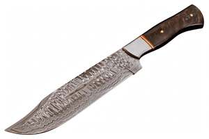 Cuchillo de caza artesanal de acero de Damasco para exteriores con funda de cuero y mango de madera oscura - Product Image 4