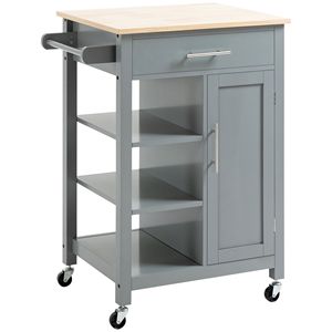 Carrello da Cucina Grigio con Ruote, Piano in Legno Massello, Cassetto e Ripiano Portaoggetti per Organizzazione Cucina e Sala da Pranzo - Product Image 1