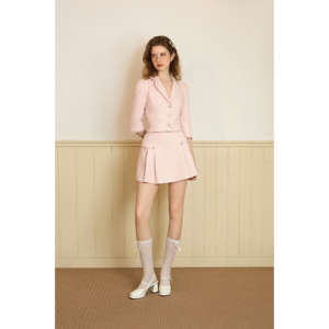 Ensemble robe mini en tweed rose pastel épais à revers crantés et manches régulières, taille haute, vente en gros, Vietnam SERENA KS43 - Product Image 3