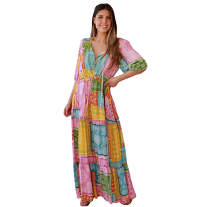 Vestido Maxi Floral con Corte en A para Mujer, Vestido de Manga Corta con Lazo Delantero - Product Image 4