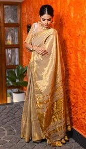 Sari traditionnel KV en soie tissée à la main pour femme, idéal pour les mariages et les fêtes d'automne (Beige Doré) - Infroissable et Réversible - Product Image 6
