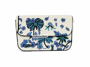 Handmade Beaded Floral <b>Envelope</b> Clutch <b>White</b> Blue Palm Tree Design Evening Party Bag - Product Image 6