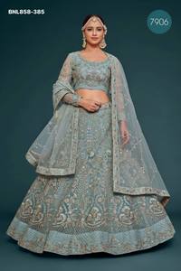 Ensemble Lehenga bleu pastel semi-cousu de qualité supérieure, en tissu filet doux avec broderie intégrale à motif à carreaux, fournisseur indien - Product Image 2