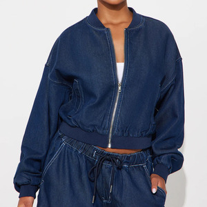 <b>Women</b> Denim Tracksuit Set Full Length Wide Leg Pants Cropped <b>Jacket</b> Zipper Closure Solid Blue Casual Wear Spring Style - Product Image 3