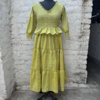 Robe longue premium à corsage smocké 100 % coton, imprimée à la main avec travail de bobine, taille naturelle, style vintage, pour l'été et l'automne