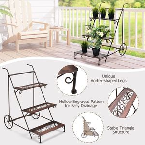 Support à plantes en métal à 3 niveaux avec roulettes et poignée pour balcon, style grande roue - Product Image 6