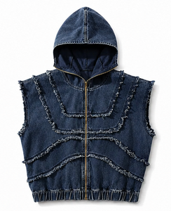 เสื้อกั๊กยีนส์มีฮู้ดแขนกุดสำหรับผู้ชายสไตล์สตรีทแวร์ - Product Image 5