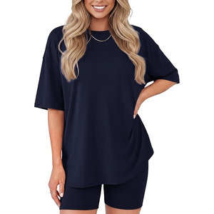 Conjunto de Dos Piezas de Camiseta Holgada Informal para Mujer y Pantalones Cortos, Ropa de Salón a la Moda - Product Image 1