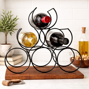 Porte-bouteilles en métal vintage avec base en bois |   Support à vin à trois niveaux pour comptoir, cuisine, bar ou table à manger - Product Image 3