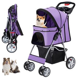 Poussette pour animaux de compagnie à quatre roues compacte TH-PPS-348 avec cadre pliable à roulettes lisses et ventilation en maille - Product Image 1