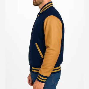 Veste universitaire bleu marine pour homme avec manches en PU beige, col rabattu, fermeture éclair, style preppy, vêtement d'automne, coupe classique - Product Image 1