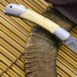 Couteau pliant en acier Damas, lame à pointe tombante, manche en ivoire, pour camping et usage extérieur, ouverture par bouton de pouce - Product Image 5