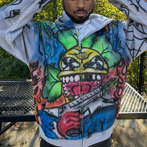 เสื้อฮู้ดดี้ทรงบ็อกซี่แบบซิป ผ้าคอตตอนหวี 100% น้ำหนัก 500 กรัม พิมพ์ลาย DTG สตรีทแวร์คุณภาพสูง ตกแต่งด้วยโลโก้แบบสั่งทำพิเศษ ปักลายปะติดแบบวอชแพทช์ ประดับด้วยคริสตัล - Product Image 1