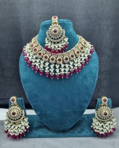 Handcrafted Round Stone Heavy Choker Necklace With Earrings And Mangtika Traditional Ethnic Designer Fashion <b>Jewellery</b> Wholesale - Product Image 2