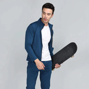 Ensemble de survêtement bleu uni pour homme avec col montant et poches latérales, tenue décontractée pour l'automne - Product Image 6
