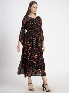 Floral Print Chiffon Midi <b>Dress</b> With <b>Flutter</b> <b>Sleeves</b> V-Neck A-Line Loose Fit Casual Spring Unity Luxure Womens Summer Casual - Product Image 4