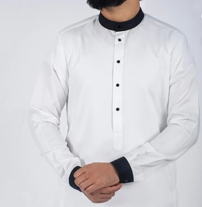 Thobe blanc pour homme à manches longues, col montant, en coton, longueur ras du sol, tenue de prière modeste, style Moyen-Orient, toutes saisons - Product Image 2