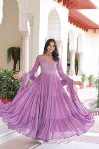 Pastel Embroidery Anarkali Suit For Women Long <b>Flared</b> Ethnic Dress With Dupatta Festive Occasion Collection - Product Image 1