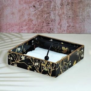 Handmade MDF Resin Napkin Holder Square Floral Black Tray For Hotel Dining <b>Tabletop</b> Weighted Metal Arm Tissue Dispenser - Product Image 1