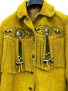 Yellow <b>Suede</b> <b>Leather</b> Knitted Fringe Bomber <b>Jacket</b> Western Style Women's Covered Button Closure Regular Length Spring Autumn - Product Image 2
