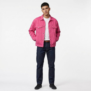 Men's Pink Denim <b>Jacket</b> Regular Fit Solid Color Button Closure Casual Style Autumn Wear - Product Image 4