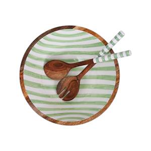 Elegante Tazón Redondo de Madera para Ensalada con Interior Esmaltado con Rayas Verdes y Servidores de Madera a Juego - Product Image 1