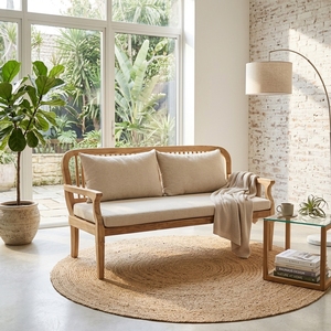 Premium wooden kaliandra double <b>sofa</b> minimalist solid teak <b>wood</b> living room two seater couch natural cream cushion seating unit - Product Image 3