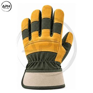 ถุงมือช่างแบบ OEM ที่สั่งทำพิเศษ พร้อมฝ่ามือหนังกลับสีมัสตาร์ด ด้านหลังผ้าสีเขียวมะกอก ปลอกข้อมือสีเบจ สำหรับงานอุตสาหกรรม - Product Image 2