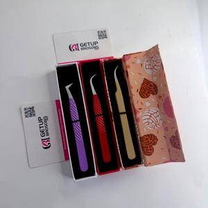 En gros, Ensemble de pinces à cils pour extensions avec logo personnalisé, motif diamant violet et rouge, à prise antidérapante, courbées à 90 degrés pour volume - Product Image 3
