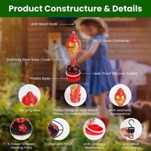 Comedero de Cristal Soplado a Mano de 33 oz para Colibríes con 5 Puertos de Alimentación en Forma de Flor, Percha, Foso para Hormigas y Gancho en S de Cáñamo para Suministros de Aves - Product Image 4