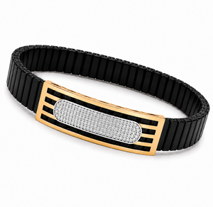 18KT Gold Black Ceramic Diamond Accent <b>Stretch</b> <b>Bracelet</b> for Men High Polish Contemporary Luxury Party Wedding Gift Jewelry - Product Image 2