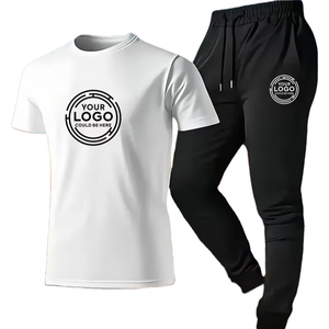 Custom Athletic Set T-Shirt Long Pants Casual Men's Contrast Color Topstitch Summer Knitted ODM Eco-Friendly 100% Crew Neck 220g - Product Image 1