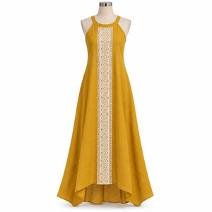 Mustard Ethnic Cotton Maxi <b>Dress</b> | Womens High Neck Sleeveless A Line <b>Boho</b> Print Asymmetrical Hem <b>Summer</b> Casual Resort Wear Long - Product Image 1