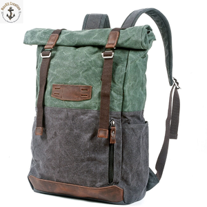 <b>Rugged</b> Roll Top Canvas Backpack with Padded Straps | Oil Waxed Two Tone Travel Rucksack with Side Pocket and Zipper Access - Product Image 1