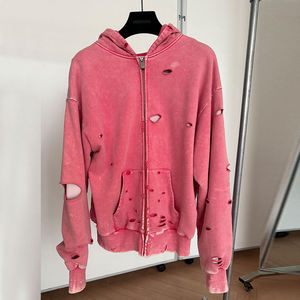Sweat à capuche léger en coton uni pour homme, effet usé, avec fermeture éclair, et pantalon de survêtement déchiré, à cordon de serrage, respirant et à séchage rapide - Product Image 1