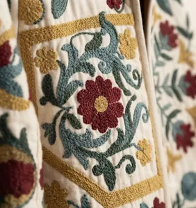 <b>Women</b> Ivory <b>Velvet</b> Suzani Embroidered <b>Jacket</b> with Floral Print Full Sleeve Stand Collar Bohemian <b>Women's</b> Autumn Outerwear - Product Image 4