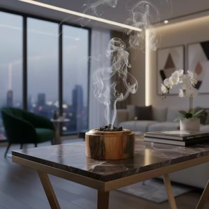 Brûleur d'encens en bois artisanal avec finition en résine à grain de bois naturel et insert en résine, support rond décoratif pour Bakhoor - Product Image 2