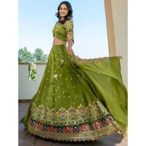 Dazzling Green Embroidered Silk Mehendi Wear Lehenga Choli for <b>Wedding</b> - Product Image 4