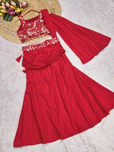 Ensemble de sari sirène élégant en satin et dentelle rouge, deux pièces avec dupatta, pour femme, toutes saisons, tenue ethnique, mariage, fête, séchage rapide - Product Image 3