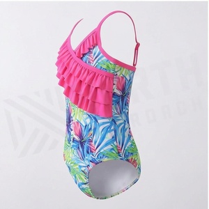 Girls One-Piece Swimsuit With Tropical Floral Print And Pink Ruffle Asymmetric Design <b>Crossed</b> Halter Neckline - Product Image 3