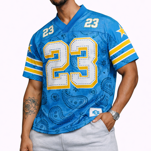 Camiseta de Fútbol Americano Personalizada para Hombre, Color Azul, con Estampado Paisley por Sublimación, Uniforme de Fútbol Transpirable, Fabricación OEM para Pedidos al por Mayor en EE. UU. - Product Image 5