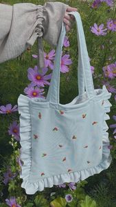 <b>White</b> Cotton Tote <b>Bag</b> With Ruffles And Cherry Embroidery For Women Casual Daily Use 100% Cotton Canvas Tote <b>Bag</b> Eco Friendly - Product Image 2