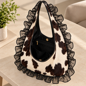 Sac fourre-tout en similicuir à imprimé vache avec bordure à volants, sac à main à bandoulière - Product Image 5
