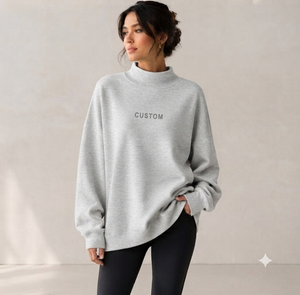 Private Label Blank Women's Cotton Fleece Oversized Mockneck <b>Sweatshirt</b> Custom <b>Embroidery</b> Available - Product Image 1